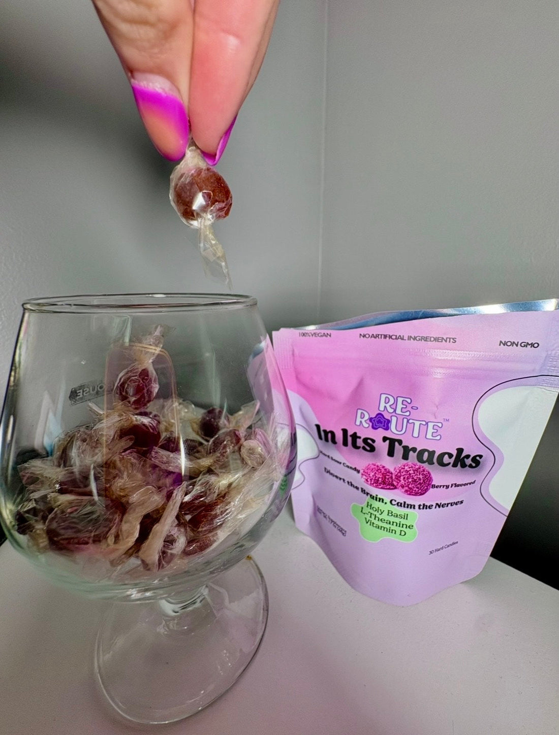 All-natural hard sour adaptogen candy by Re-Route Wellness designed for sensory grounding and focus