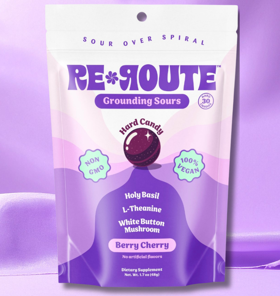 Package of 'Re-Route' Berry Cherry Grounding Sours on a purple background